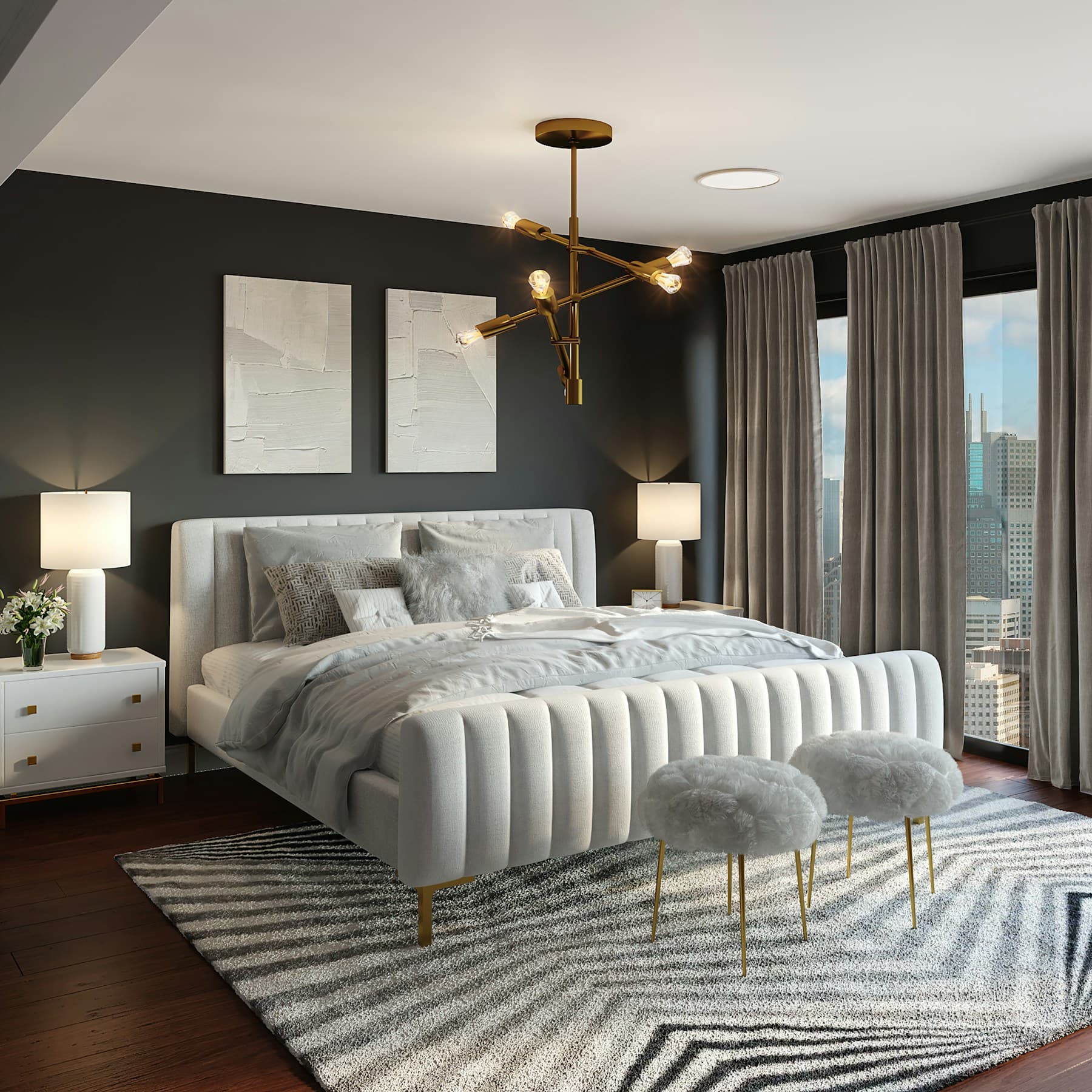 Bedroom calm — Layered neutrals, low walnut, and paper lighting