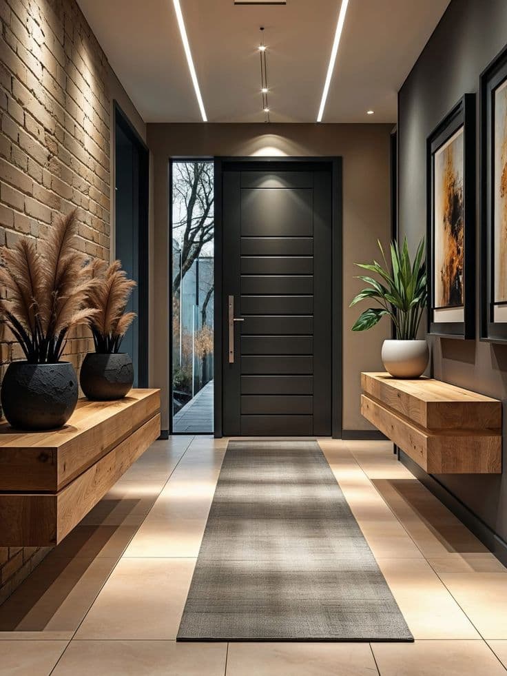 Elegant front door area with statement hardware and greenery