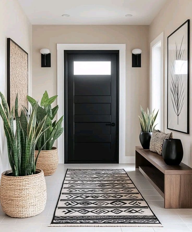 Entryway landing with layered rugs and a welcoming vibe