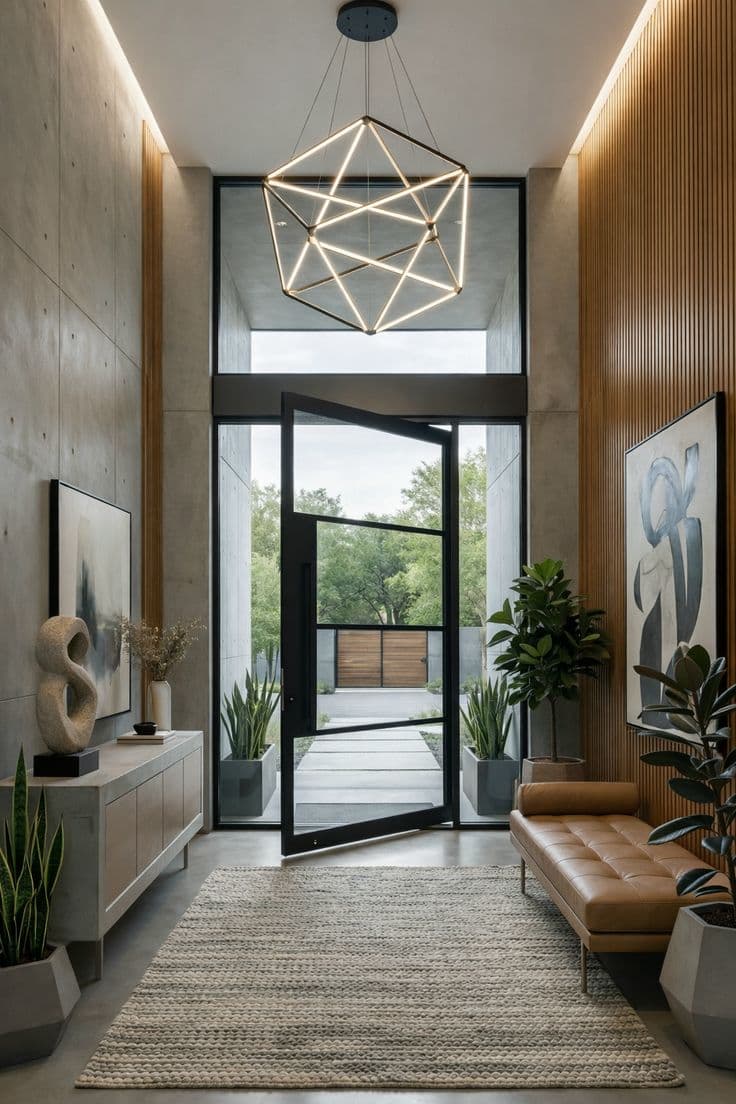 Luxury modern corridor featuring a dramatic glass pivot door