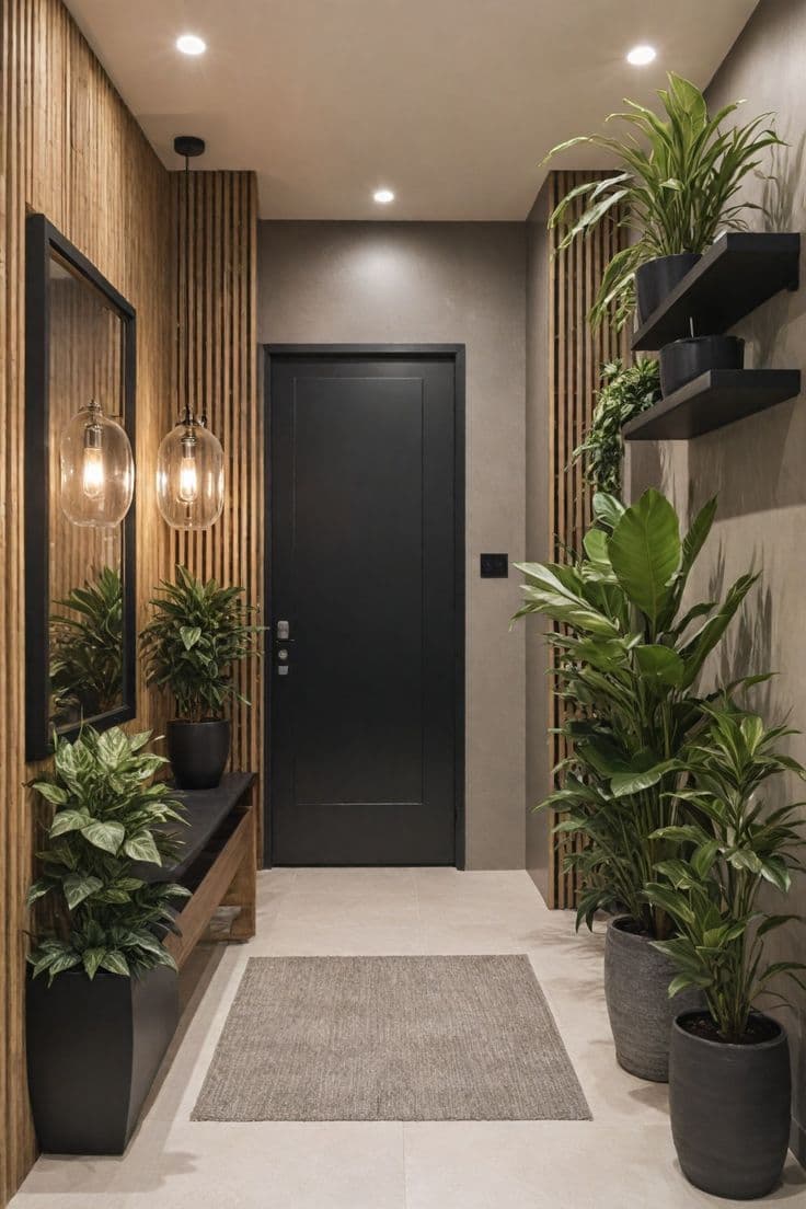 Modern luxurious entrance hall with black door and warm wooden panels