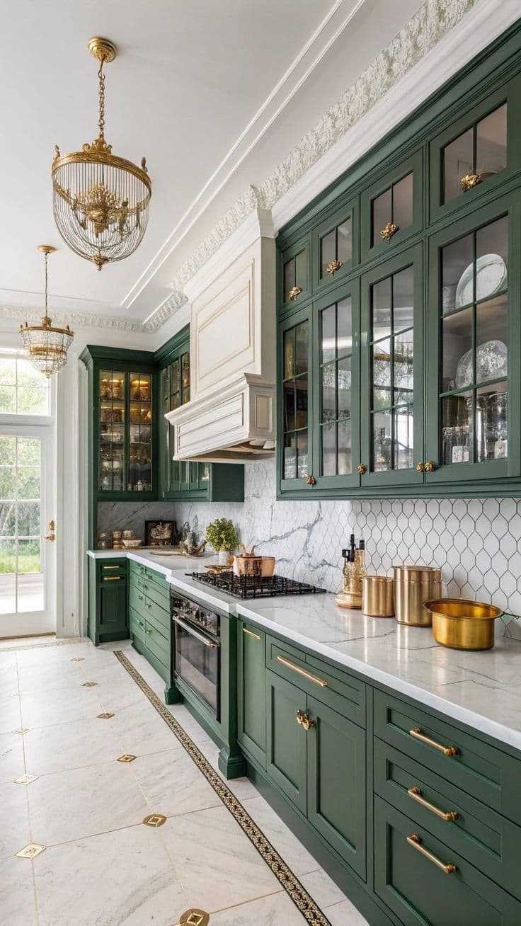 Dark green and gold kitchen design with sophisticated hardware