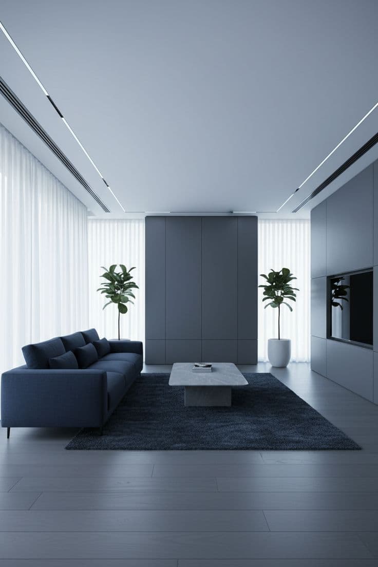 Minimalist living room in a calming navy and grey palette