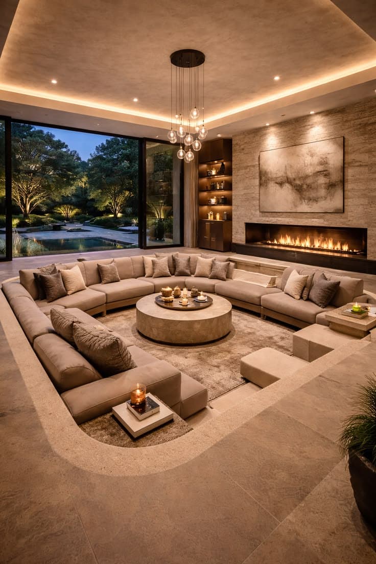 Large living room with a central fireplace and floor-to-ceiling windows