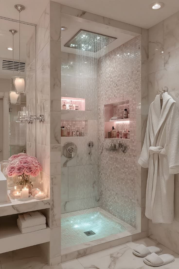 Luxury marble spa bathroom with rainfall shower and hotel-style design