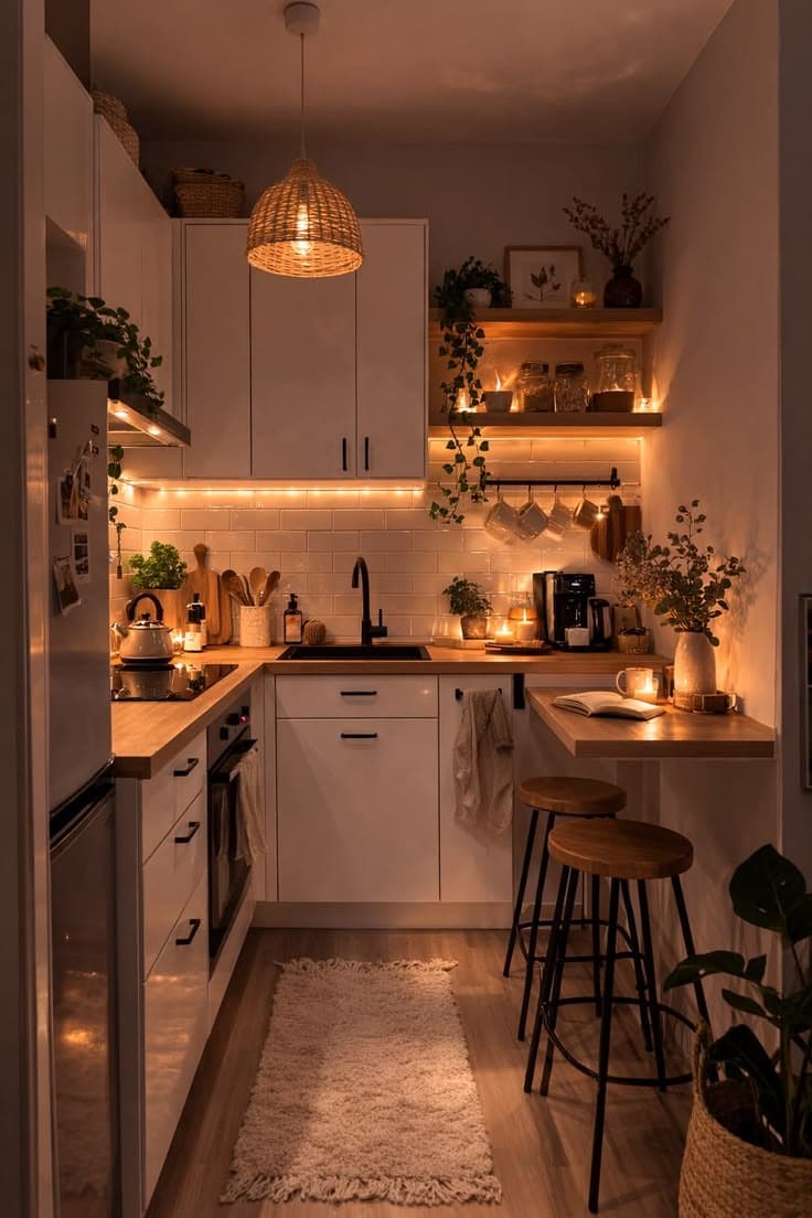 Kitchen transformed with LED light strips for a warm glow