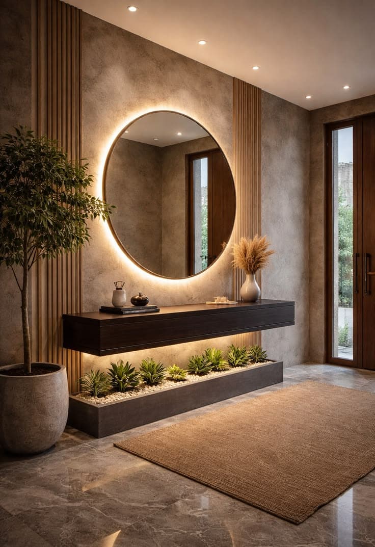 Ultra-modern entryway featuring a backlit mirror and statement planter
