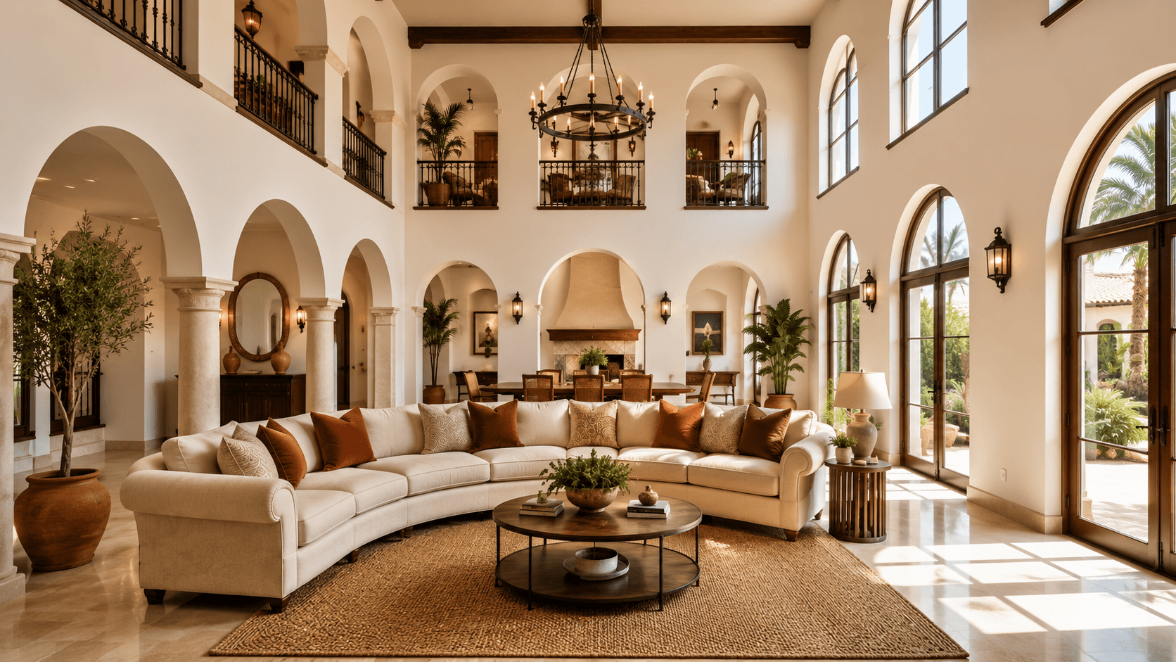 Elegant Mediterranean living room with warm neutral interiors and arched windows